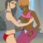 Interracial lesbian toons play with a dildo